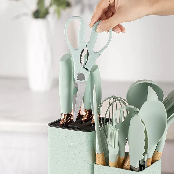 Set 19 Ustensile pentru Bucatarie din Silicon,cu Maner de Lemn si Suport