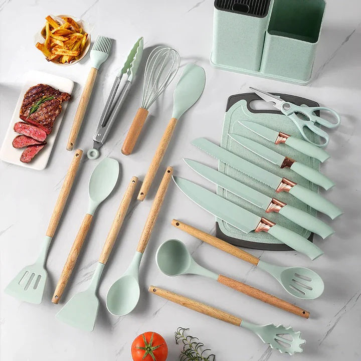 Set 19 Ustensile pentru Bucatarie din Silicon,cu Maner de Lemn si Suport