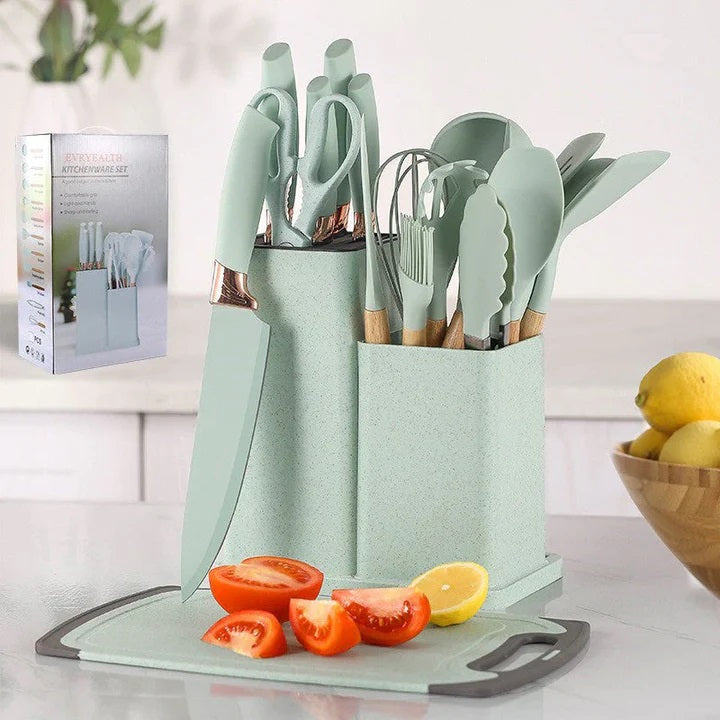 Set 19 Ustensile pentru Bucatarie din Silicon,cu Maner de Lemn si Suport