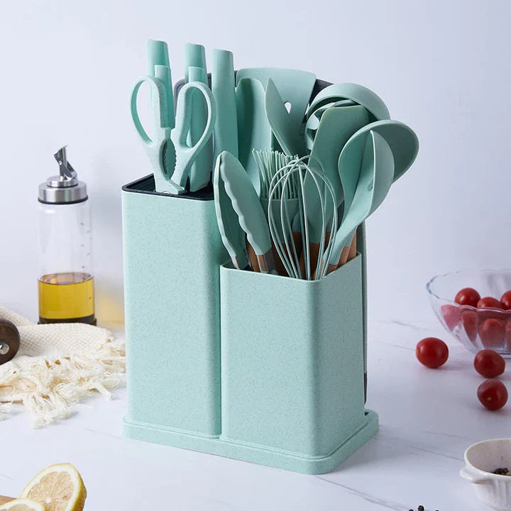 Set 19 Ustensile pentru Bucatarie din Silicon,cu Maner de Lemn si Suport