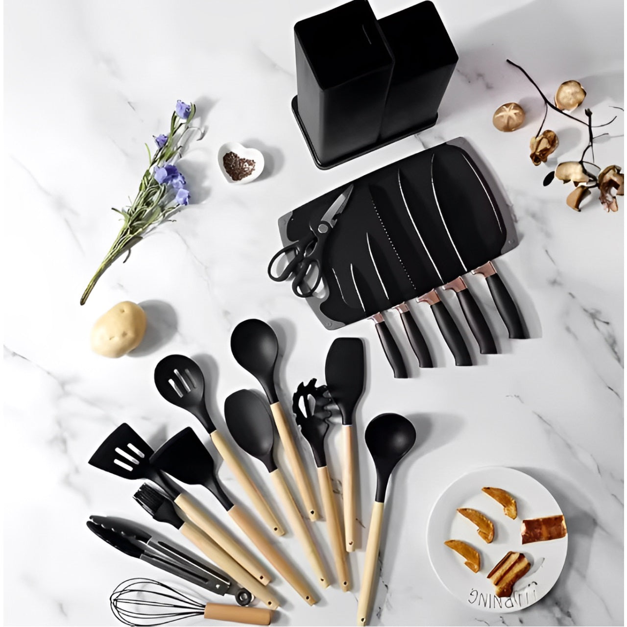 Set 19 Ustensile pentru Bucatarie din Silicon,cu Maner de Lemn si Suport