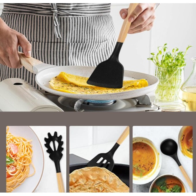 Set 19 Ustensile pentru Bucatarie din Silicon,cu Maner de Lemn si Suport