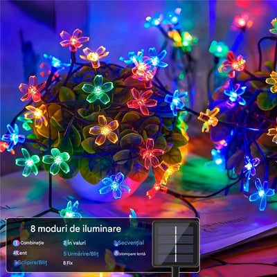 Set 2 x Decoratiune Luminoasa Solara 50 LED Flori Multicolor 5M, Rezistenta la Apa, Lumina Ambientala RGB, 8 Moduri Iluminare,