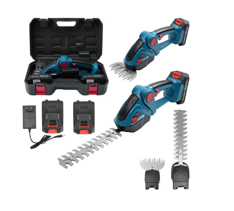 Foarfeca Electrica pentru Tuns Iarba si Gard Viu cu 2 Baterii 48V, Acumulator Li-Ion, 2 Lame, Unghi Reglabil 90°, Set Complet cu 2 Baterii si Incarcator