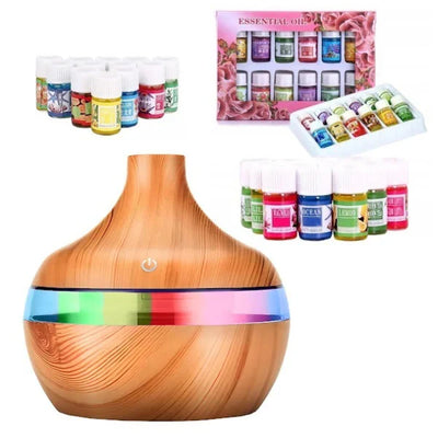 Set 1+1 Difuzor Aromaterapie cu 12 Uleiuri Esentiale, Umidificator LED RGB, Silentios