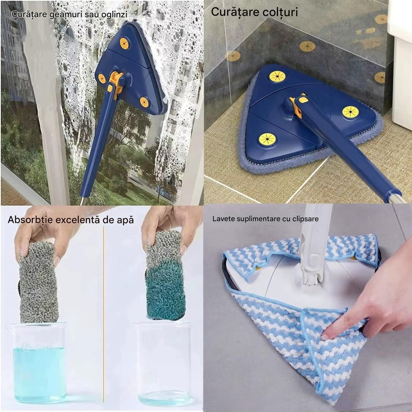 Mop Triunghiular CleanMaster cu Rotire 360° – Cap Reglabil, Microfibra Absorbanta, Ideal pentru Colturi si Sub Mobila