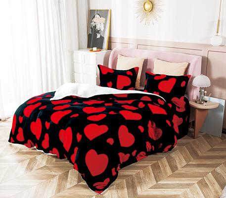 Lenjerie pat cocolino 2 persoane, 4 piese - neagra cu inimi rosii