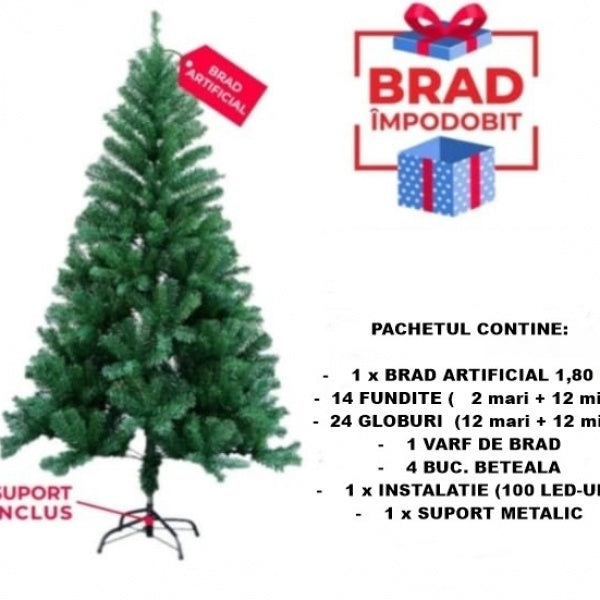 Pachet Brad Artificial cu Accesorii Incluse pentru Impodobit 180cm