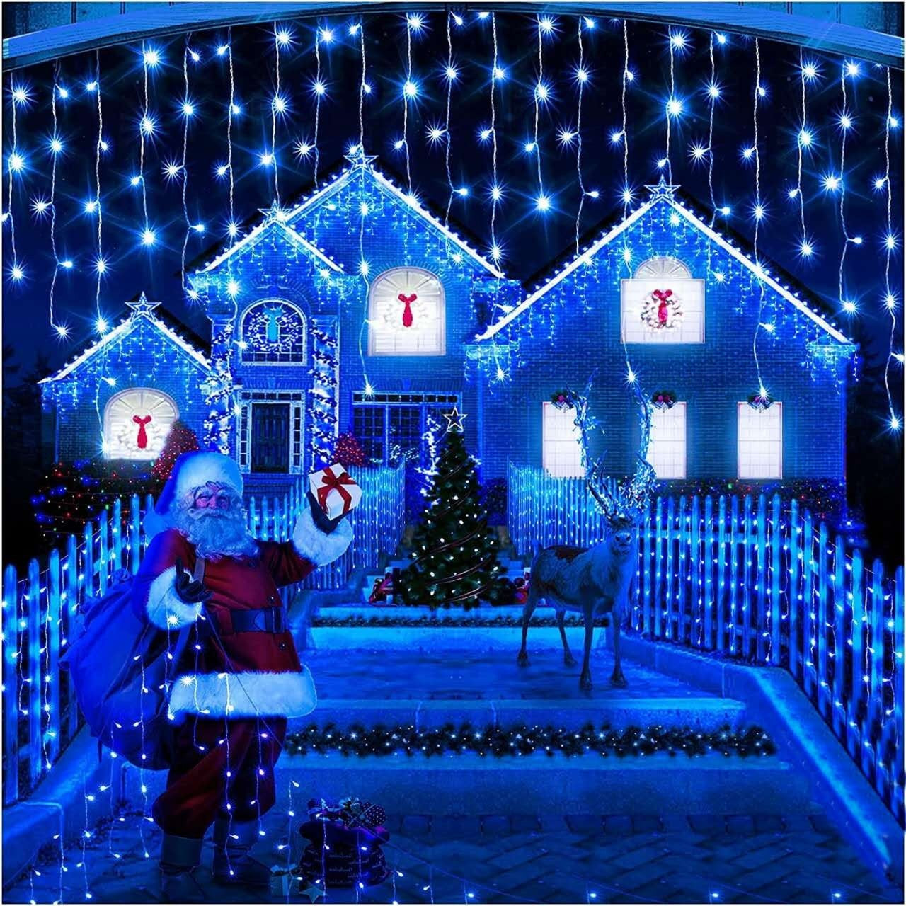 Set 2 x Instalatie pentru Craciun - Franjuri, cu LED-uri Tip Turturi, 12 metri - Albastru