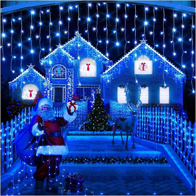 Set 2 x Instalatie pentru Craciun - Franjuri, cu LED-uri Tip Turturi, 12 metri - Albastru