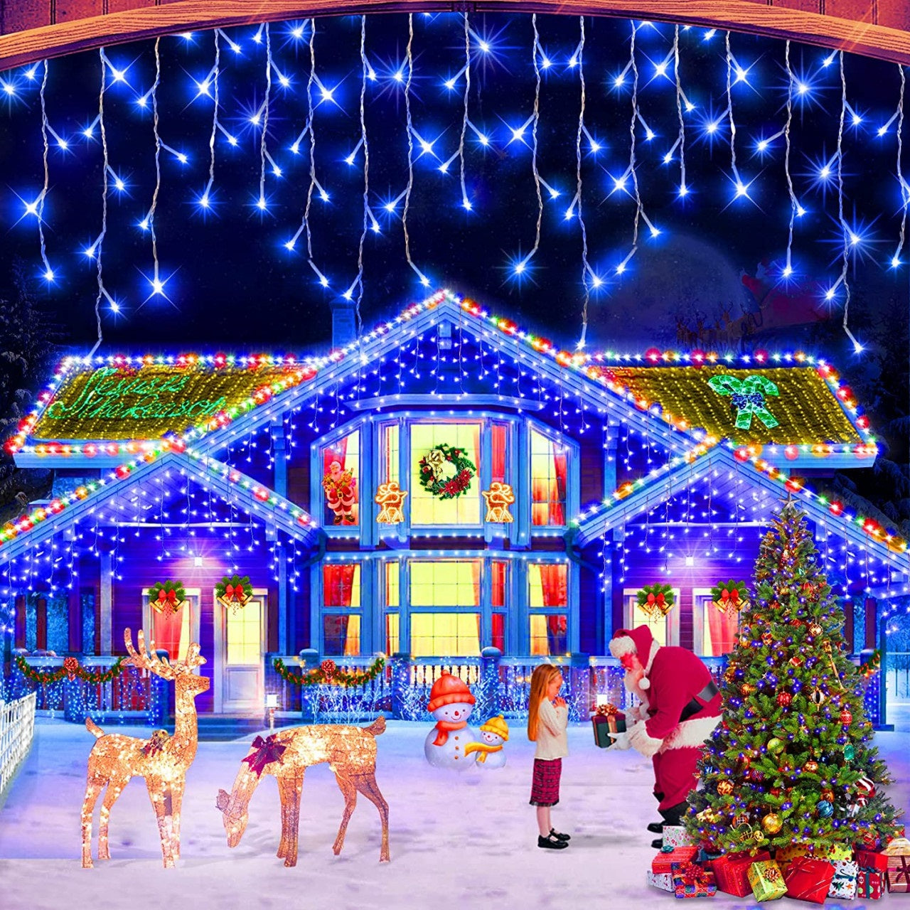 Set 2 x Instalatie pentru Craciun - Franjuri, cu LED-uri Tip Turturi, 12 metri - Albastru