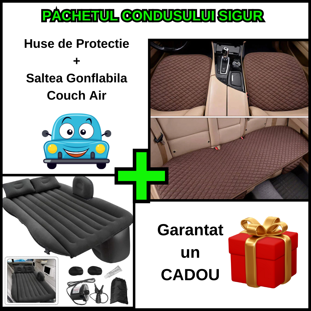 Pachetul confortului auto - Set Huse de Protectie pentru Scaunele Auto + Saltea Gonflabila Couch Air pentru Masina + Pompa Automata