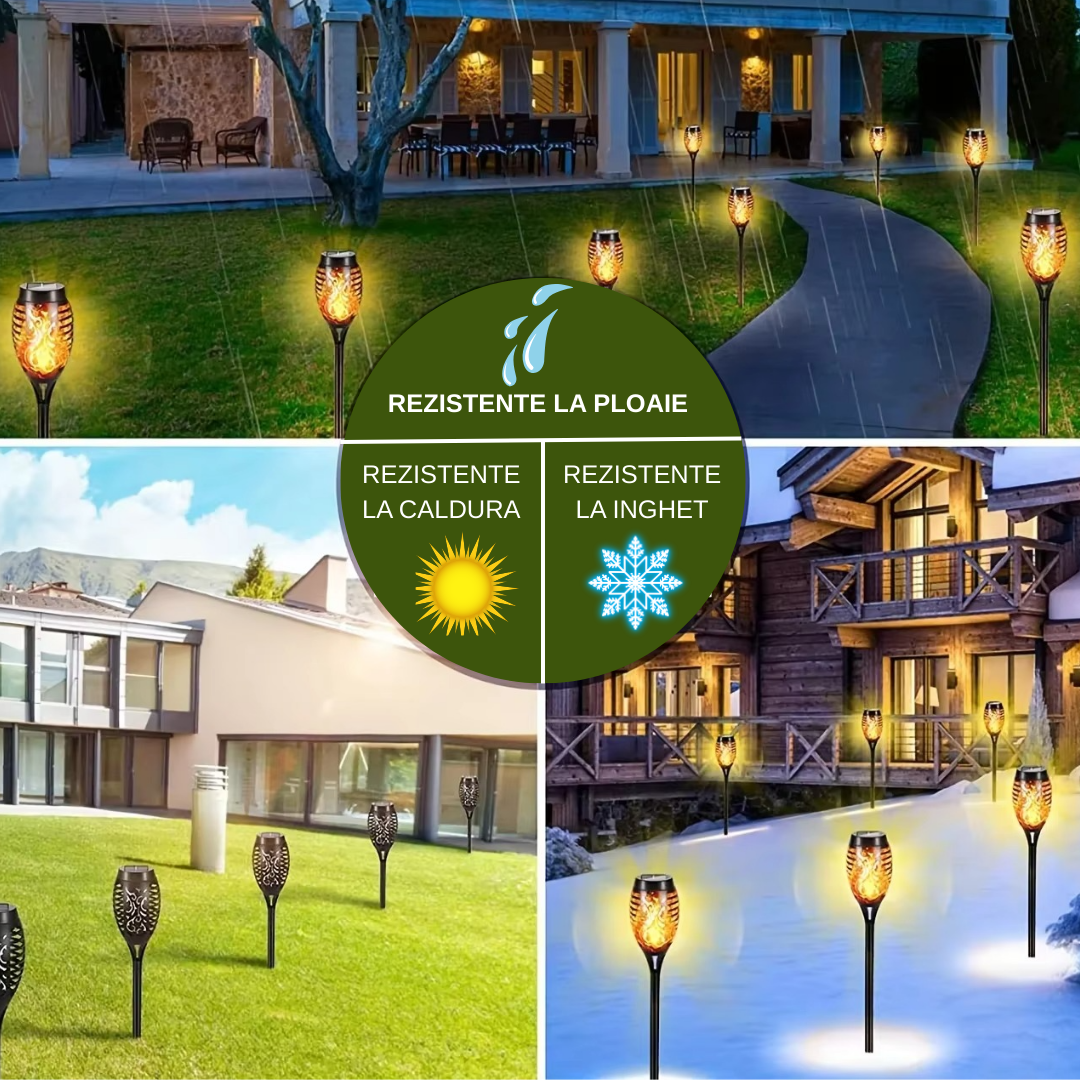 Set 8 x Lampa Solara Tip Torta cu Efect Flacara, Iluminare LED, Rezistente la Apa, Design Decorativ pentru Gradina si Alei