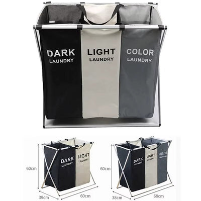 Cos Rufe Pliabil 3 Compartimente, Organizator Laundry Dark/Light/Color, Cadru Metalic Stabil, 95L