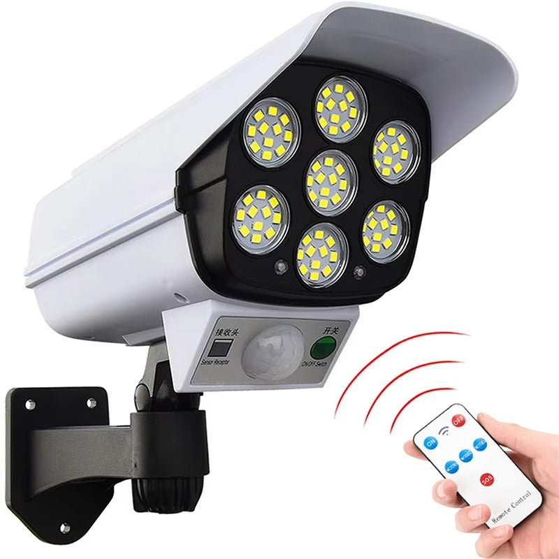 Set 2 x Camera Falsa cu Lampa Solara 77 LED, Senzor Miscare, Telecomanda, Efect Real de Supraveghere, Protectie Exterior