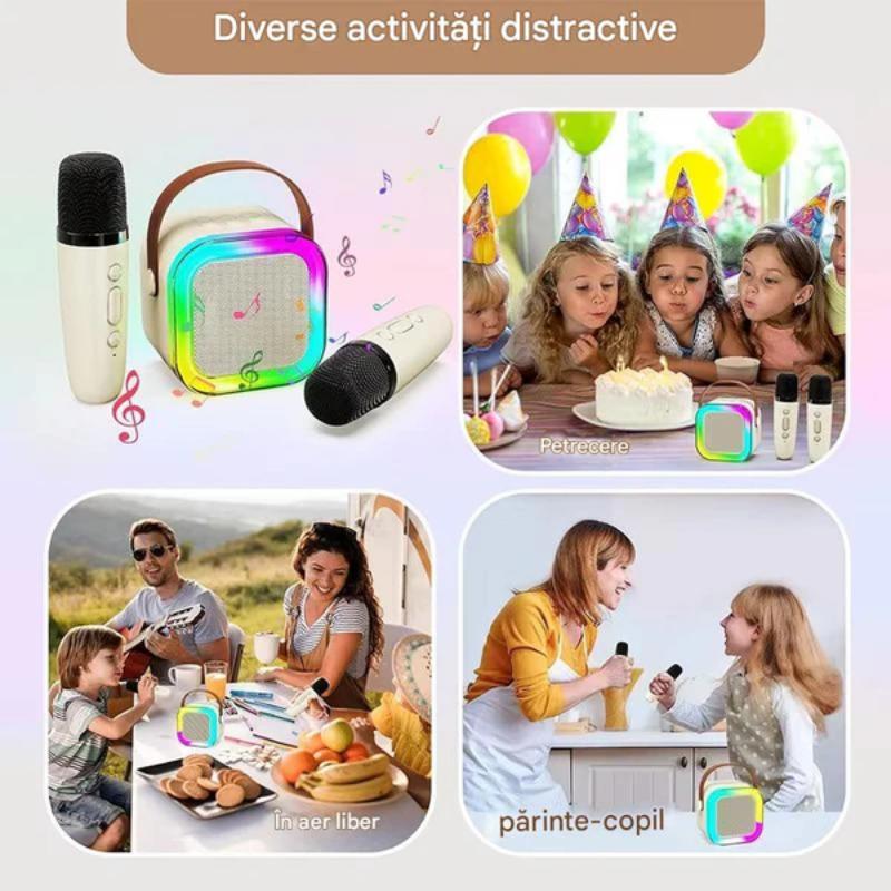 Boxa Portabila Bluetooth cu 2 Microfoane Wireless, Karaoke Set Complet, Lumini LED RGB, Ideal pentru Petreceri si Copii