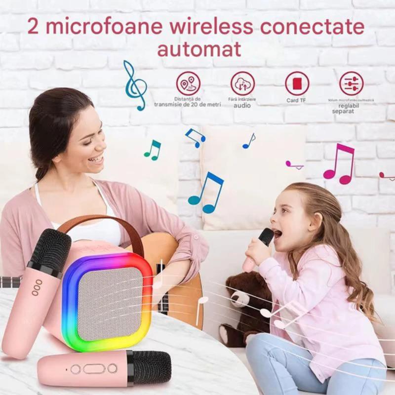 Boxa Portabila Bluetooth cu 2 Microfoane Wireless, Karaoke Set Complet, Lumini LED RGB, Ideal pentru Petreceri si Copii