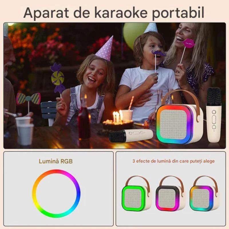 Boxa Portabila Bluetooth cu 2 Microfoane Wireless, Karaoke Set Complet, Lumini LED RGB, Ideal pentru Petreceri si Copii