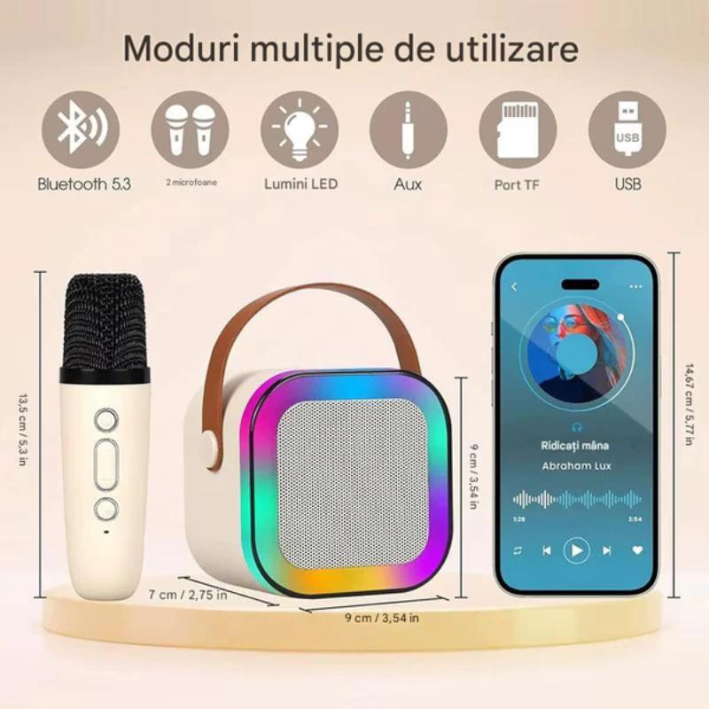 Boxa Portabila Bluetooth cu 2 Microfoane Wireless, Karaoke Set Complet, Lumini LED RGB, Ideal pentru Petreceri si Copii