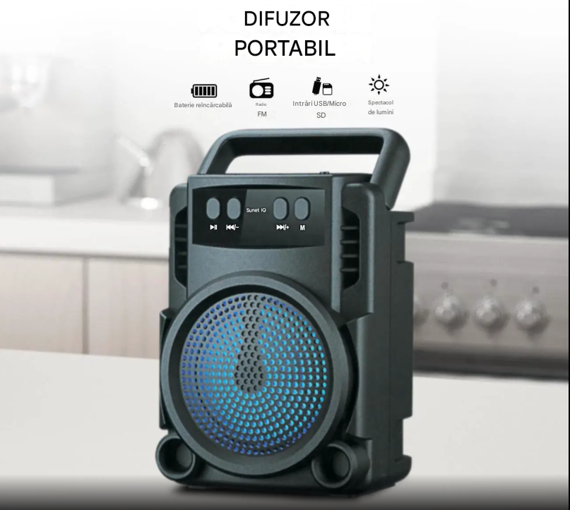 Boxa Portabila Bluetooth GTS 1360 cu LED RGB, radio FM, USB si card Micro SD – Sunet Puternic, Bass, Boxa cu Maner