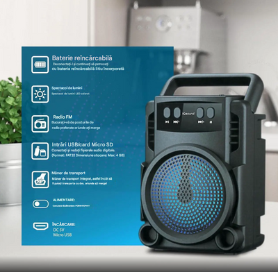 Boxa Portabila Bluetooth GTS 1360 cu LED RGB, radio FM, USB si card Micro SD – Sunet Puternic, Bass, Boxa cu Maner