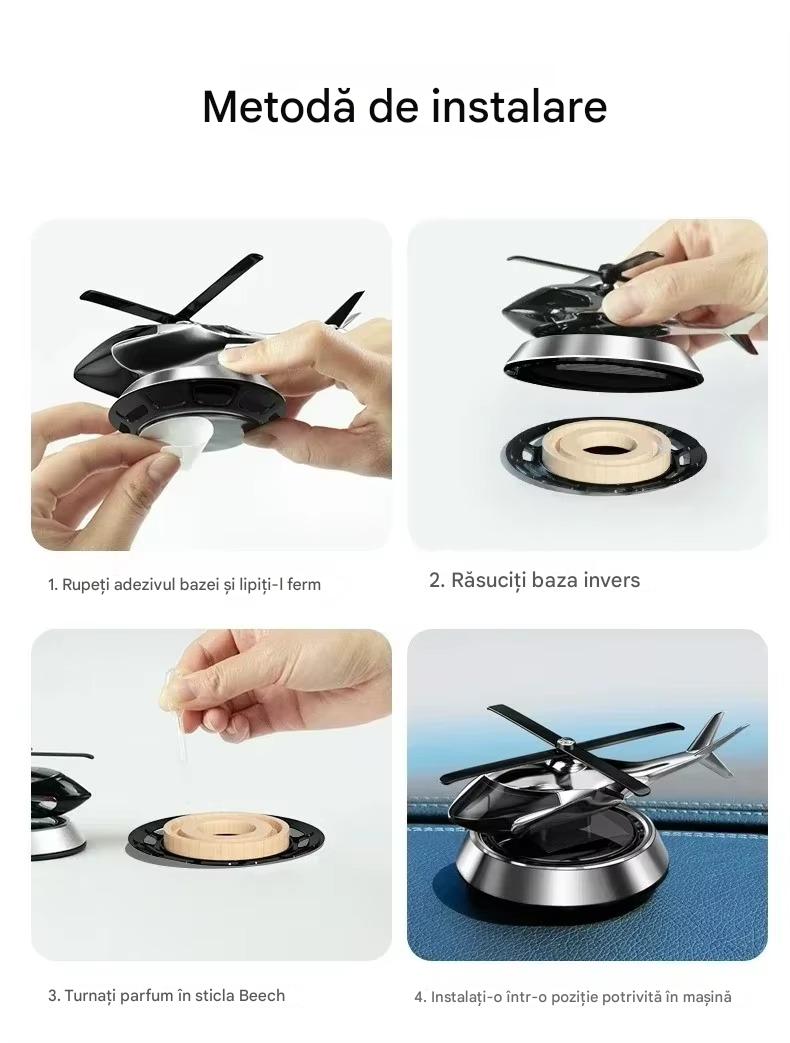 Difuzor Auto Aromaterapie Solar Tip Elicopter, Rotire Automata 360°, 4 Panouri Solare, Parfum Natural 10 ml Inclus