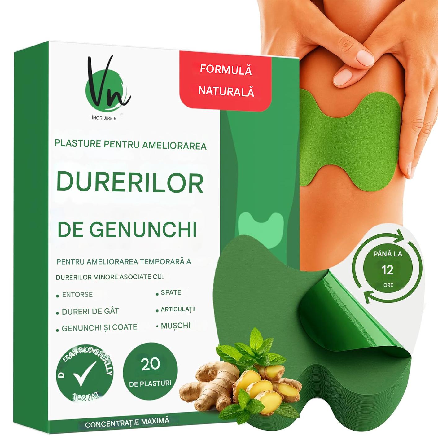 Set 100 Plasturi pentru Dureri de Genunchi, Efect Calmante, Formula Naturala, Anti Inflamator, Pentru Articulatii si Muschi, Actiune Pana la 12 Ore