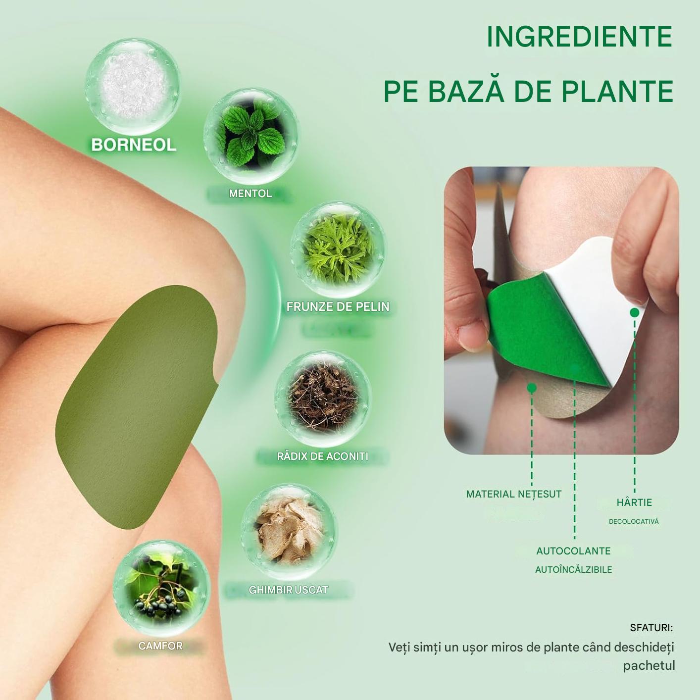 Set 100 Plasturi pentru Dureri de Genunchi, Efect Calmante, Formula Naturala, Anti Inflamator, Pentru Articulatii si Muschi, Actiune Pana la 12 Ore