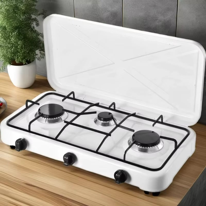 Aragaz Portabil cu 3 Arzatoare, 5.4 kW, din Otel Inoxidabil, Aprindere Manuala – Control Individual Flacara, Ideal pentru Camping si Exterior