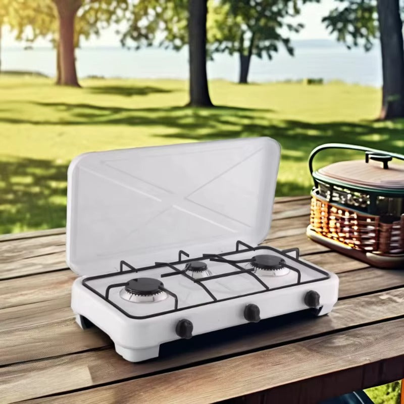 Aragaz Portabil cu 3 Arzatoare, 5.4 kW, din Otel Inoxidabil, Aprindere Manuala – Control Individual Flacara, Ideal pentru Camping si Exterior