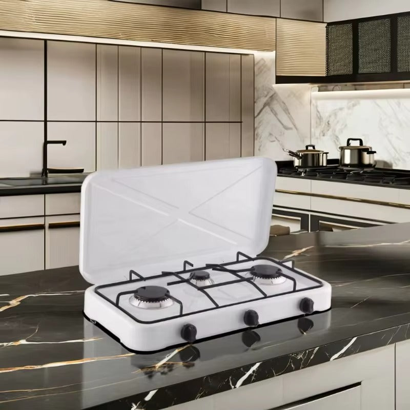 Aragaz Portabil cu 3 Arzatoare, 5.4 kW, din Otel Inoxidabil, Aprindere Manuala – Control Individual Flacara, Ideal pentru Camping si Exterior