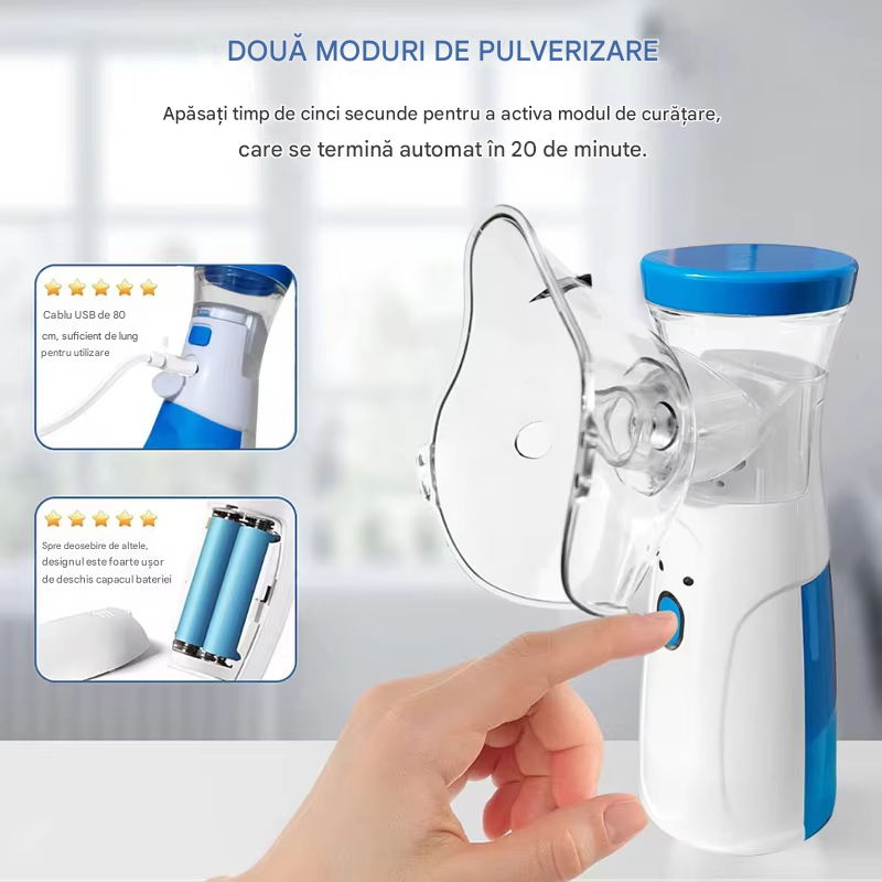 Aparat Aerosoli Portabil cu 2 Moduri Nebulizare, Nebulizator Silentios, Baterie Reincarcabila, Masca Inclusa, Ideal Copii si Adulti