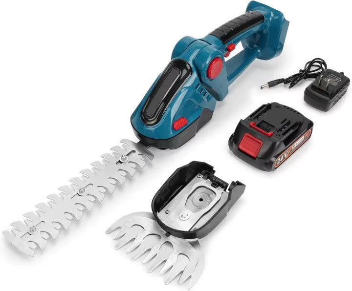 Foarfeca Electrica pentru Tuns Iarba si Gard Viu cu 2 Baterii 48V, Acumulator Li-Ion, 2 Lame, Unghi Reglabil 90°, Set Complet cu 2 Baterii si Incarcator