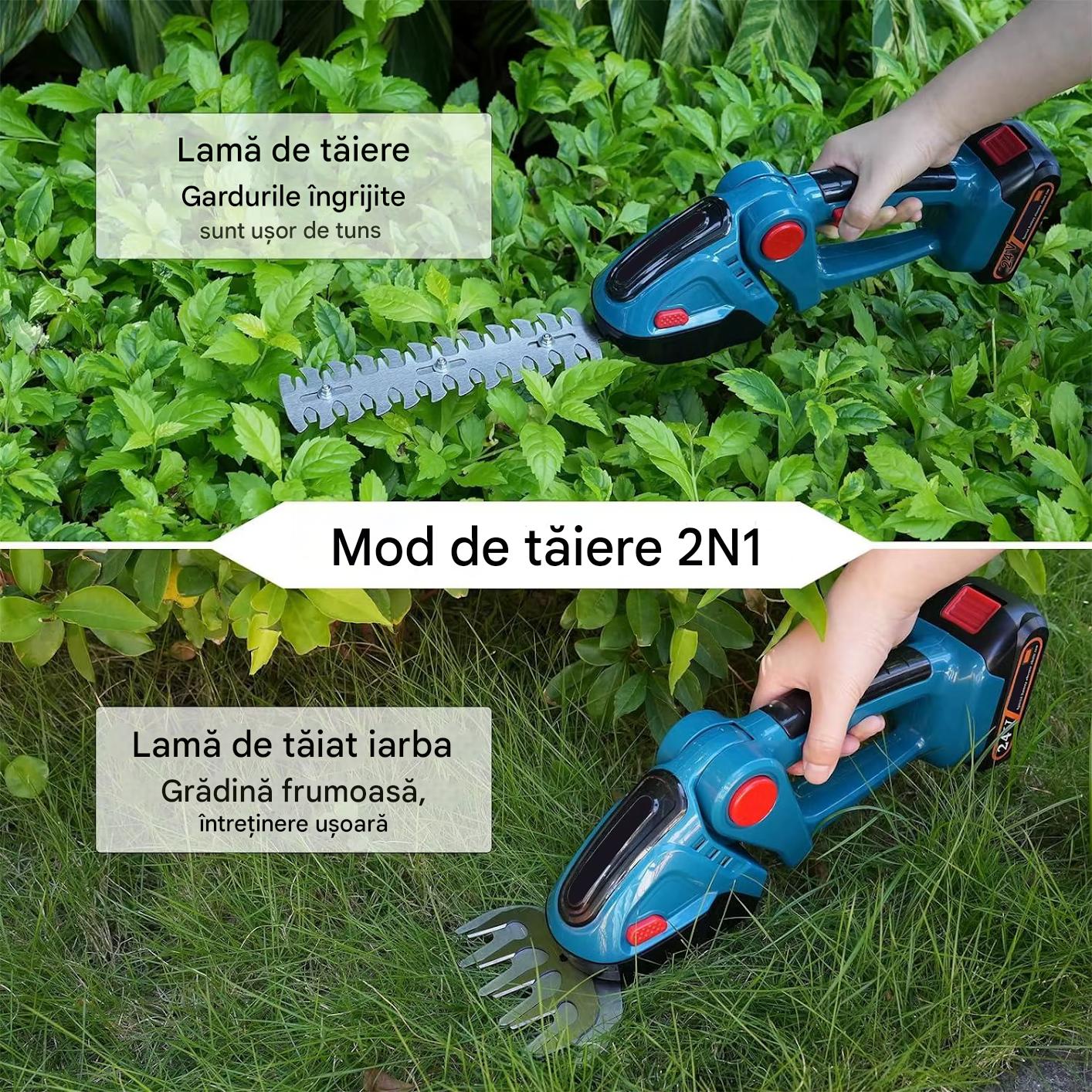 Foarfeca Electrica pentru Tuns Iarba si Gard Viu cu 2 Baterii 48V, Acumulator Li-Ion, 2 Lame, Unghi Reglabil 90°, Set Complet cu 2 Baterii si Incarcator
