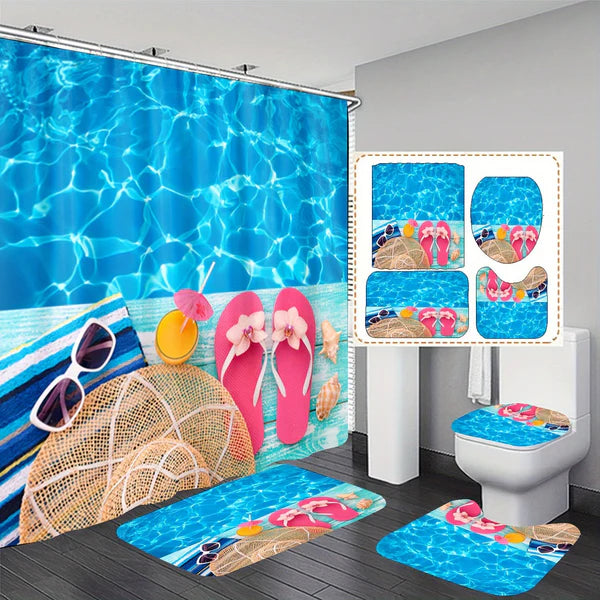 Set Pentru Baie: Perdea, Covorase Si Husa De Toaleta -  Summer Beach