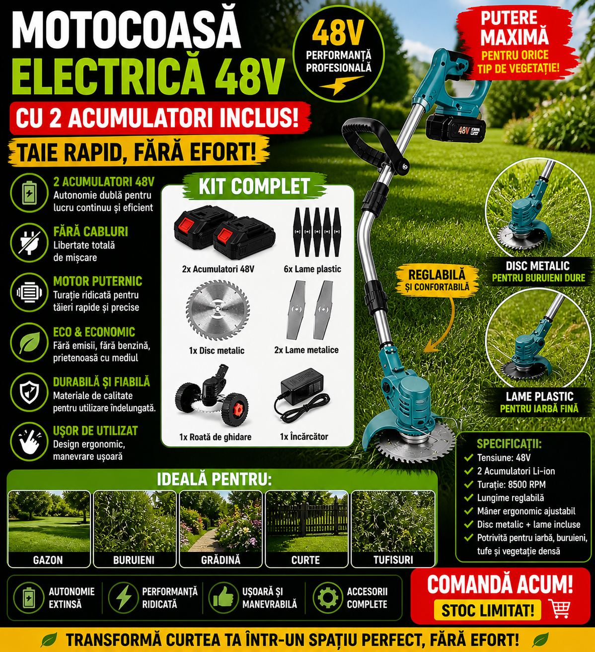 Motocoasa Electrica Profesionala cu 2 Acumulatori 48V – 13000 mAh, 20000 RPM – Masina Tuns Gazon, Disc Metalic, Lame, Accesorii Complete, pentru Gradina si Curte