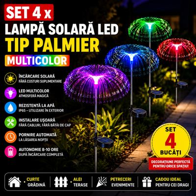 Set 4 x Lampa Solara LED tip Palmier Multicolor – Iluminat Gradina, Decor Exterior Spectaculos, Rezistente la Apa, Efect Artificii pentru Curte, Terasa, Gazon