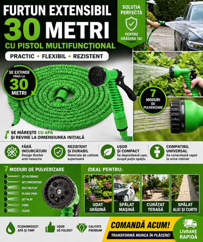Furtun Extensibil 30m cu Pistol Multifunctional 7 Moduri de Stropire – Furtun Gradina Flexibil, Compact, Rezistent