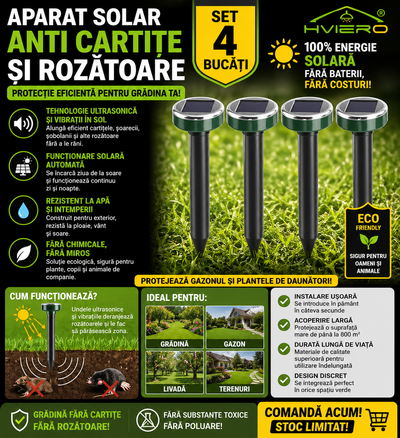 Set 4 x Aparat Solar Anti Cartite si Rozatoare – Dispozitiv Ultrasonic Gradina, Repelent Daunatori, Protectie Gazon, Curte, Fara Chimicale