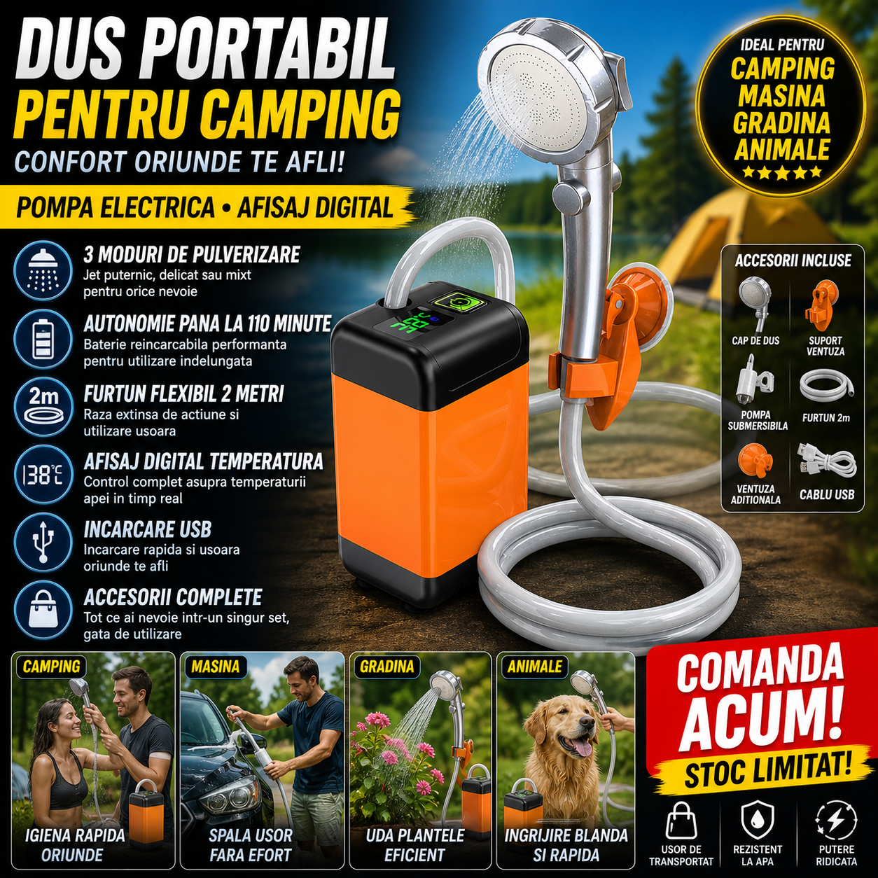 Dus Portabil Electric cu Afisaj Digital, Pompa Submersibila, 3 Moduri Jet, Baterie Reincarcabila, Autonomie 110 Minute, Furtun 2m