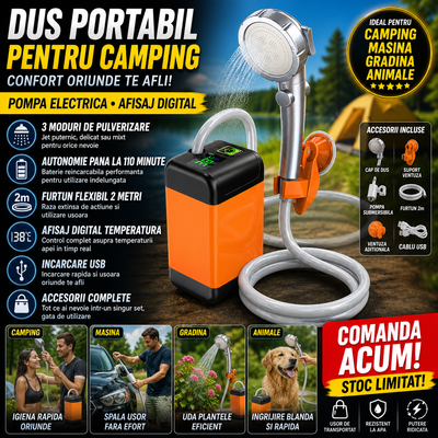 Dus Portabil Electric cu Afisaj Digital, Pompa Submersibila, 3 Moduri Jet, Baterie Reincarcabila, Autonomie 110 Minute, Furtun 2m
