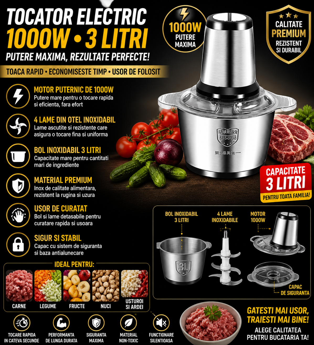 Tocator Electric 1000W, Bol Inox 3 Litri, 4 Lame din Otel Inoxidabil, Motor Puternic, Ideal Carne, Legume si Fructe, Usor de Curatat