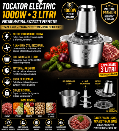 Tocator Electric 1000W, Bol Inox 3 Litri, 4 Lame din Otel Inoxidabil, Motor Puternic, Ideal Carne, Legume si Fructe, Usor de Curatat