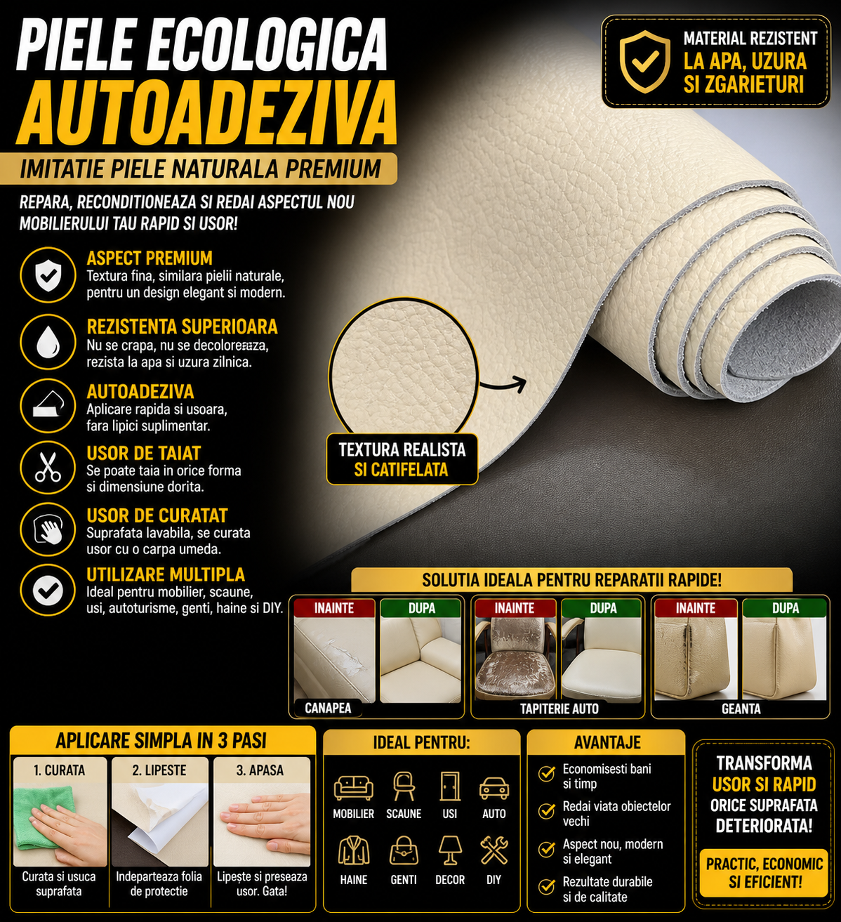 Piele Ecologica Autoadeziva Crem 75x250 cm, Imitatie Piele Naturala, Rezistenta la Apa si Uzura, Usor de Aplicat, pentru Canapea, Scaune, Haine si Reparatii
