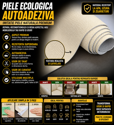 Piele Ecologica Autoadeziva Crem 75x250 cm, Imitatie Piele Naturala, Rezistenta la Apa si Uzura, Usor de Aplicat, pentru Canapea, Scaune, Haine si Reparatii