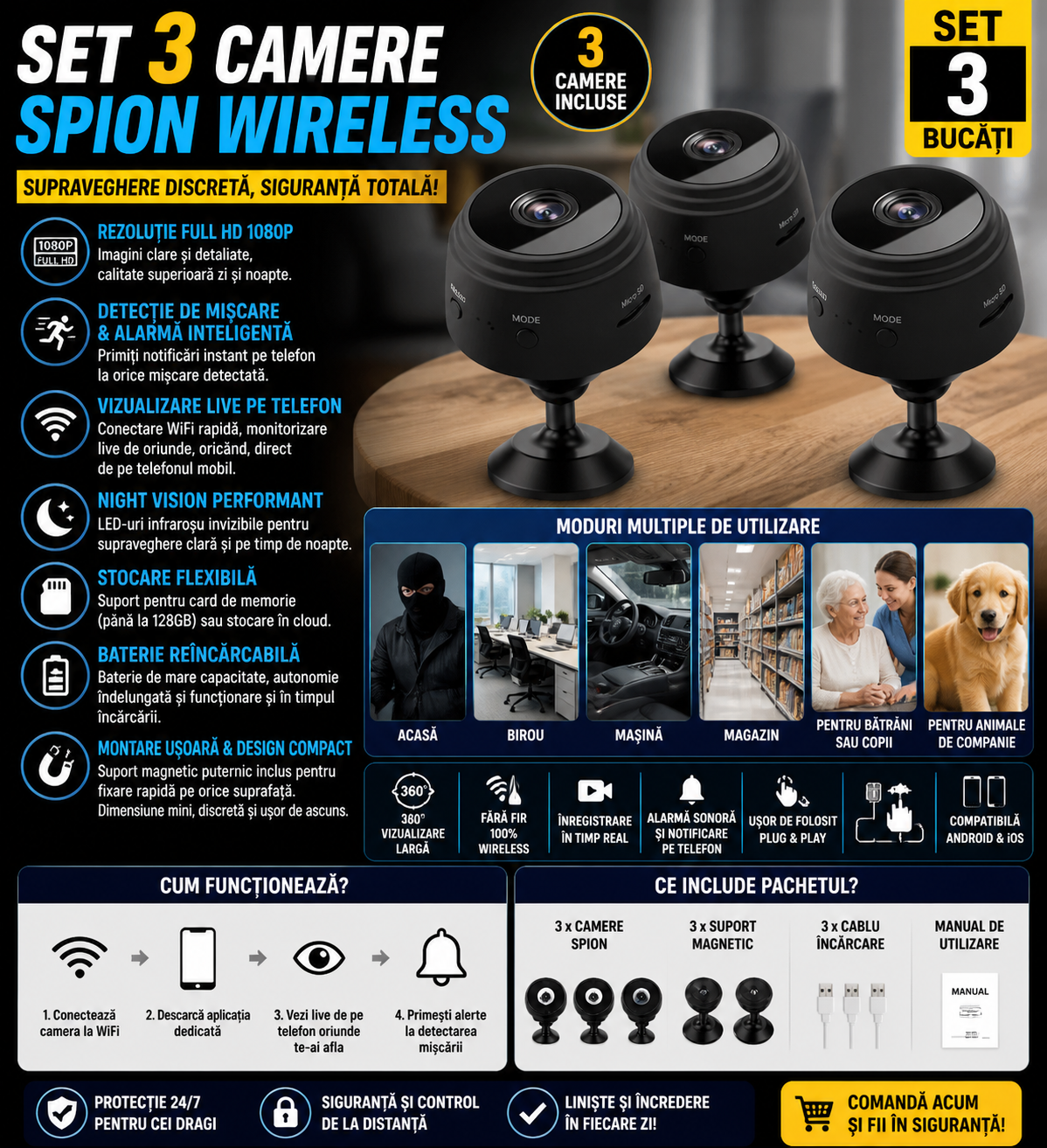 Set 3 x Mini Camera Spion Wireless Full HD 1080P, Mini Camera WiFi 360°, Detectie Miscare, Night Vision, Suport Card, Monitorizare Telefon, Baterie Reincarcabila