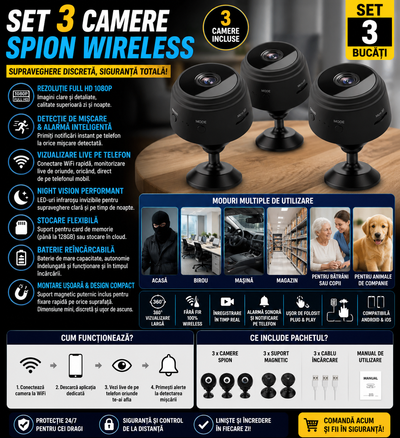 Set 3 x Mini Camera Spion Wireless Full HD 1080P, Mini Camera WiFi 360°, Detectie Miscare, Night Vision, Suport Card, Monitorizare Telefon, Baterie Reincarcabila