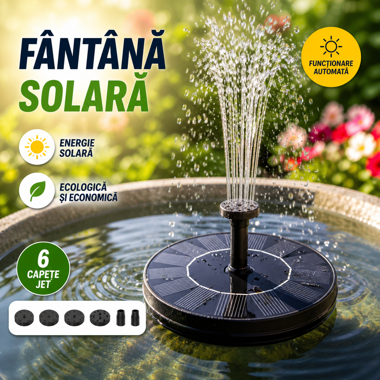 Fantana Arteziana Solara pentru Gradina, Pompa Apa cu Panou Solar, 6 Capete Jet, Fara Baterii