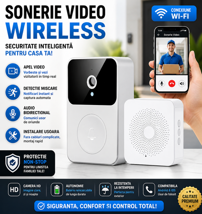 Sonerie Video Wireless cu Camera HD, Apel Video pe Telefon, Detectie Miscare, Audio Bidirectional, Instalare Usoara