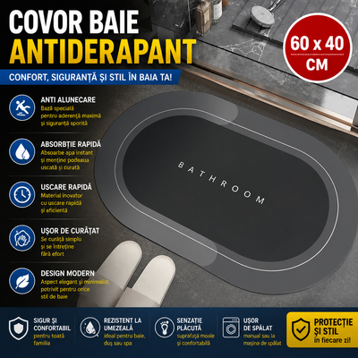 Covor Antiderapant Baie Oval, Material Absorbant, Uscare Rapida, Anti Alunecare, Design Modern Bathroom, 60 cm x 40 cm